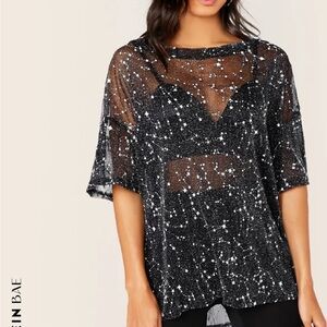 ❤️2 for 10❤️ Shein black galaxy star print sheer longline mesh short sleeve tee